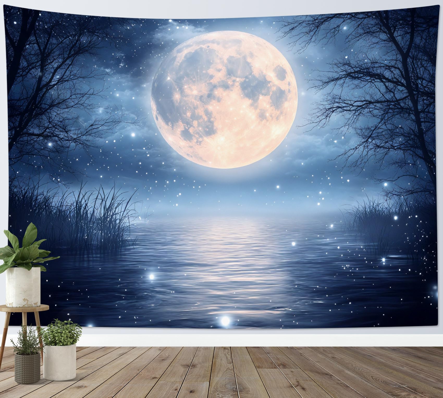 LB Full Moon over Sea Tapestry Coastal Forest Black Trees Tapestry Wall Hanging Night Sky Nature Scenery Tapestries for Living Room Bedroom Dorm Wall Decor,78x59 inch — image 1