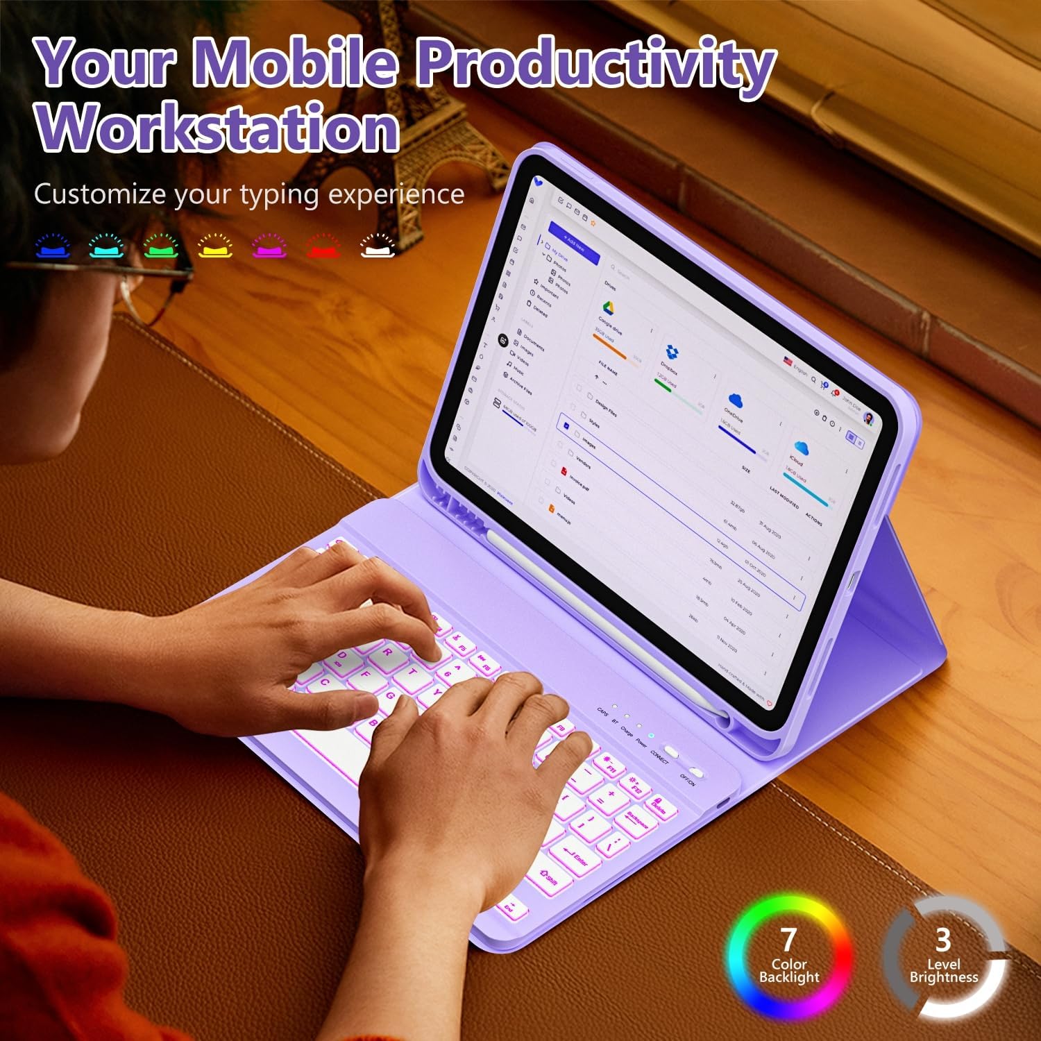 FUWANG for iPad A16 11th 10th Generation Case with Keyboard, Magnetic Detachable 7-Color Backlit Folio Cover Keyboard Case for iPad (A16) 11th 11 inch/10th Gen 10.9 inch with Pencil Holder, Purple - Image 5