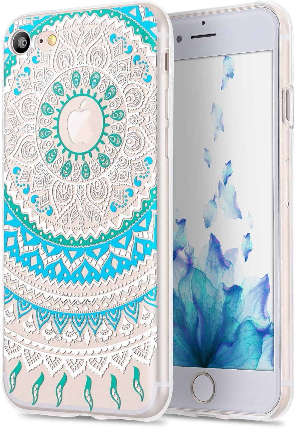 TYJTECH iPhone 7 Case Clear TPU Gel Cover with Mandala Floral Designer Shell Case Ultra-Slim Shock-Absorption Bumper Flowers Printed Thin Cute Design Vintage Style for Girly Girls Women Apple iPhone