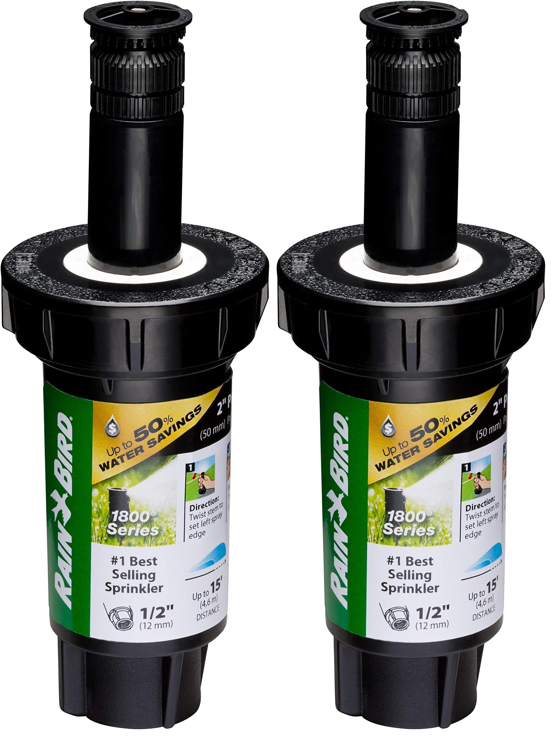 Rain Bird 1802HV15PR Pressure Regulating (PRS) High Efficiency Professional Pop-Up Sprinkler, Adjustable 0° - 360° Pattern, 8' - 15' Spray Distance, 2" Pop-up Height (Pack of 2)