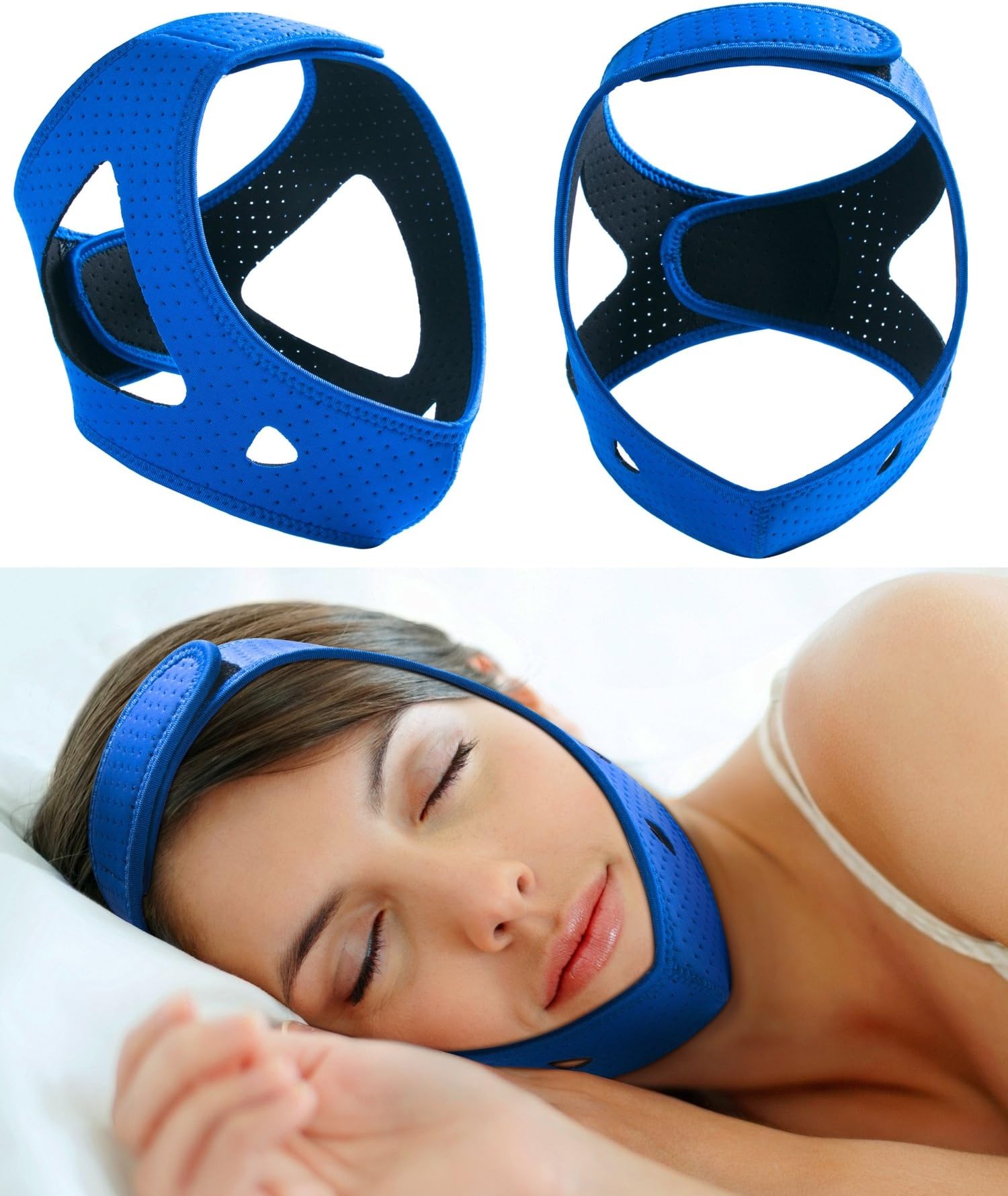 Anti Snoring Chin Strap Devices for Women&Men,Breathable Snore Stopper Reduction Adjustable Non Snoring Solution,Sleep Aid Device,CPAP Stop Snoring Solution/Support Belt/Brace/Headband/Mask (Blue)