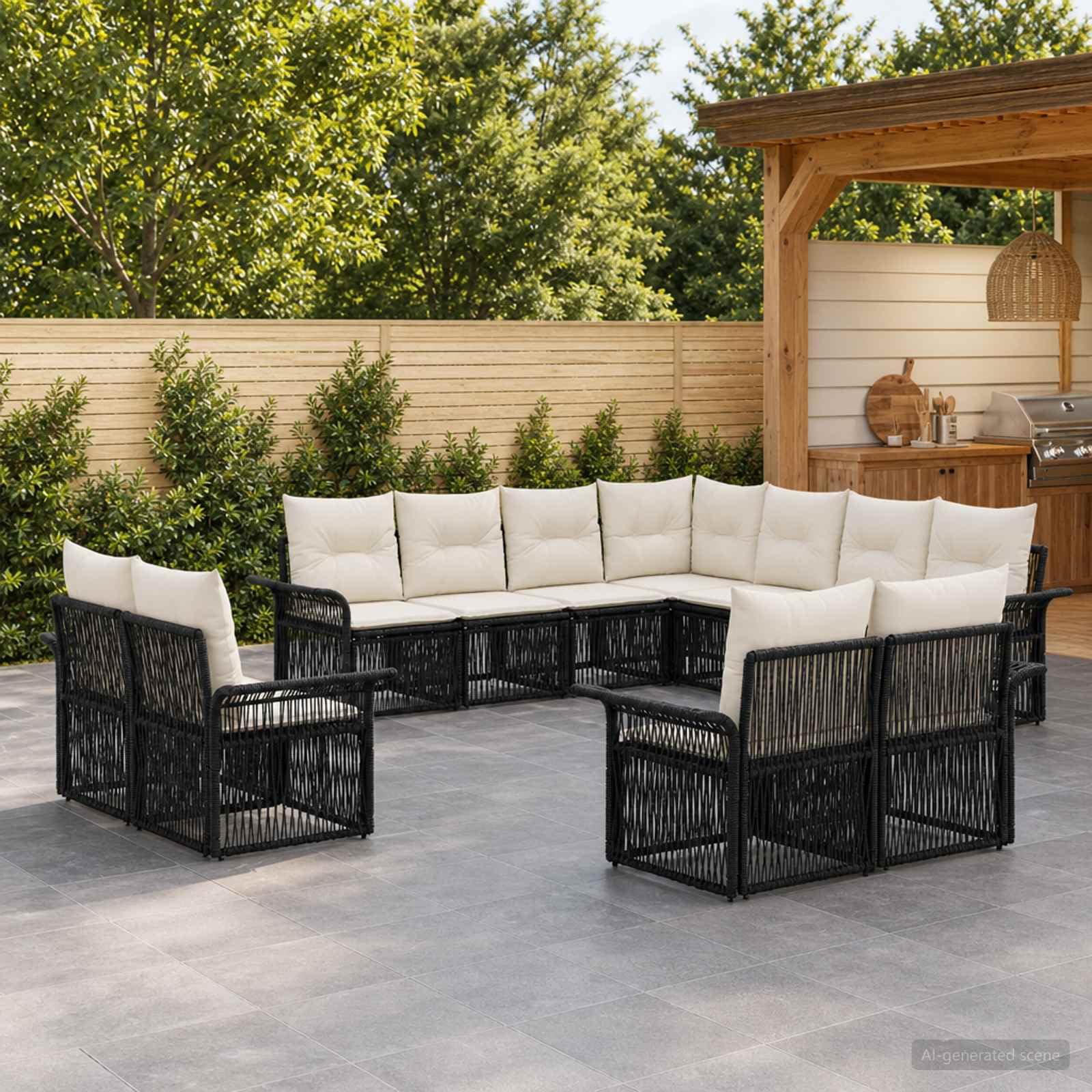 Solivagant Gartensofa-Set 11 STK. Schwarz und Cremeweiß Poly-Rattan,87.23 kg,Möbel,Gartenmöbel-3434998