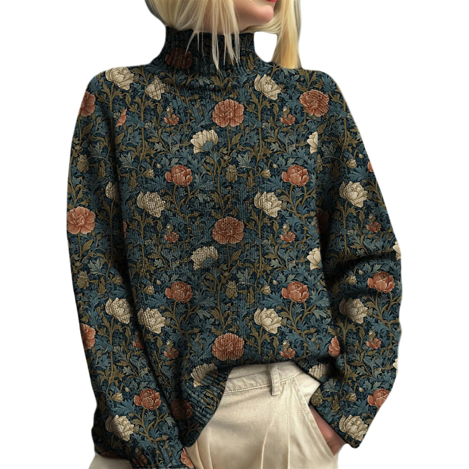 Womens Floral Turtleneck Sweaters Graphic Long Sleeve Chunky Knit Pullovers Jumper Tops Fall Winter Clothes