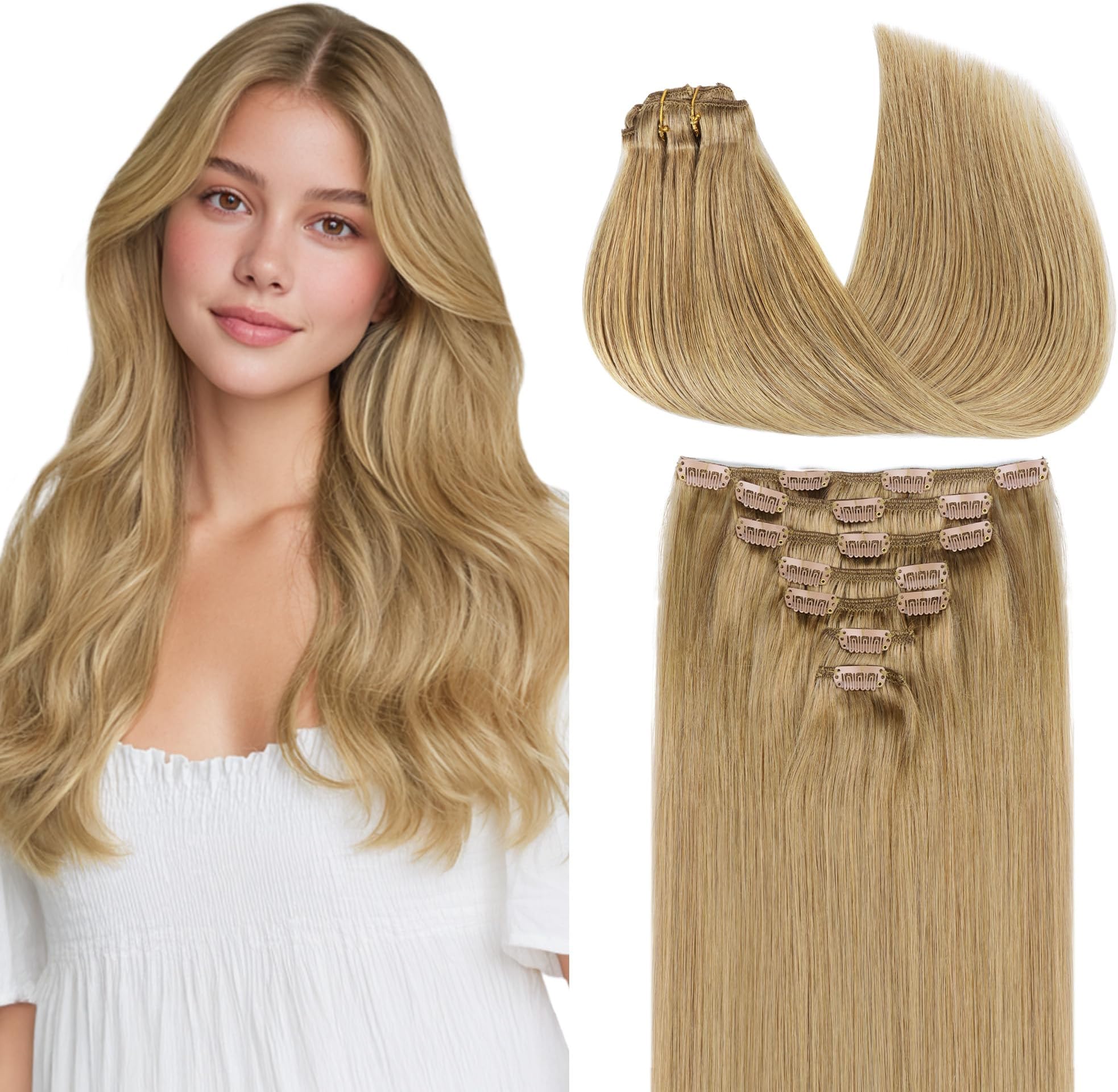 GOO GOO Clip in Hair Extensions Real Human Hair, Remy Human Hair Extensions Clip ins for Women, Natural Human Hair, 20inch 120g 7Pcs, 7 Bronde