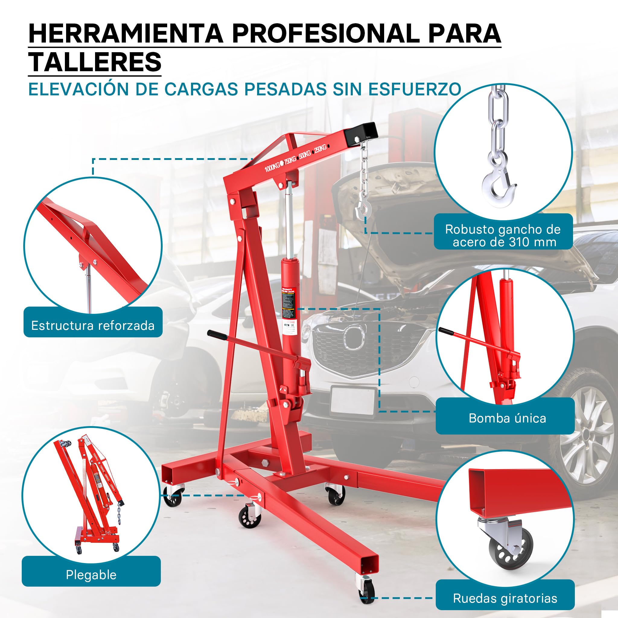 Grúa de Taller Plegable 1000kg Grúa elevación de Cargas Elevar Motores Brazo elevación 857-1133 mm