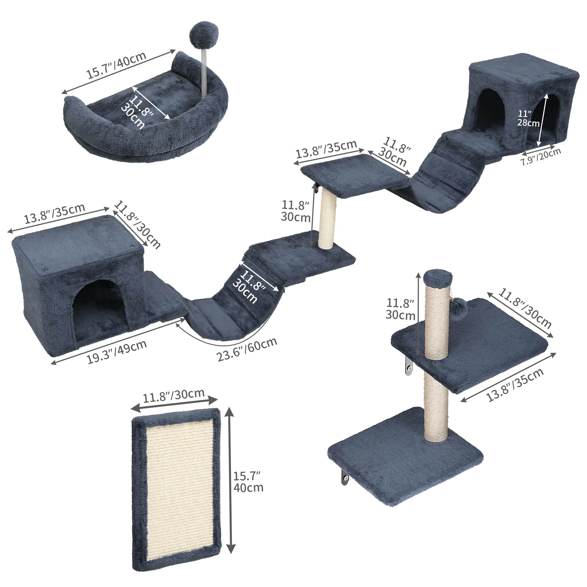 YITAHOME 8PCS Estante de Escalada para Gatos Montado en La Pared, Muebles de Pared de Madera para Gatos Árbol para Gatos con Postes Rascadores/Casa/Puente/Escaleras/Bola Colgante, Gris Oscuro