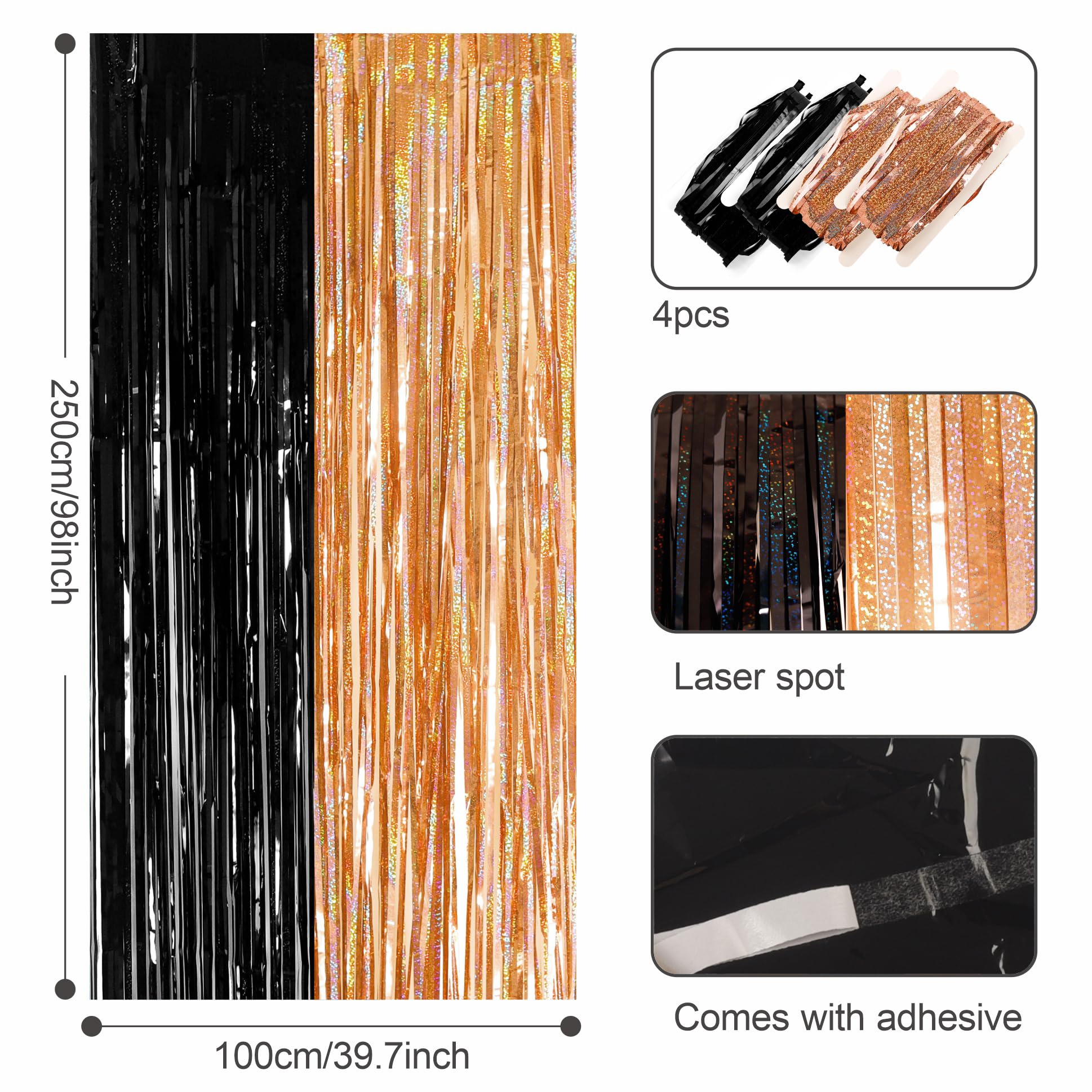 YAAVAAW 4pcs 3.2 x 8.3ft Glitter Black and Orange Tinsel Curtain Halloween Foil Curtain Door Streamers Fringe Backdrop Halloween Party Decorations Backdrop Banner for Indoor Home School Office - Image 2