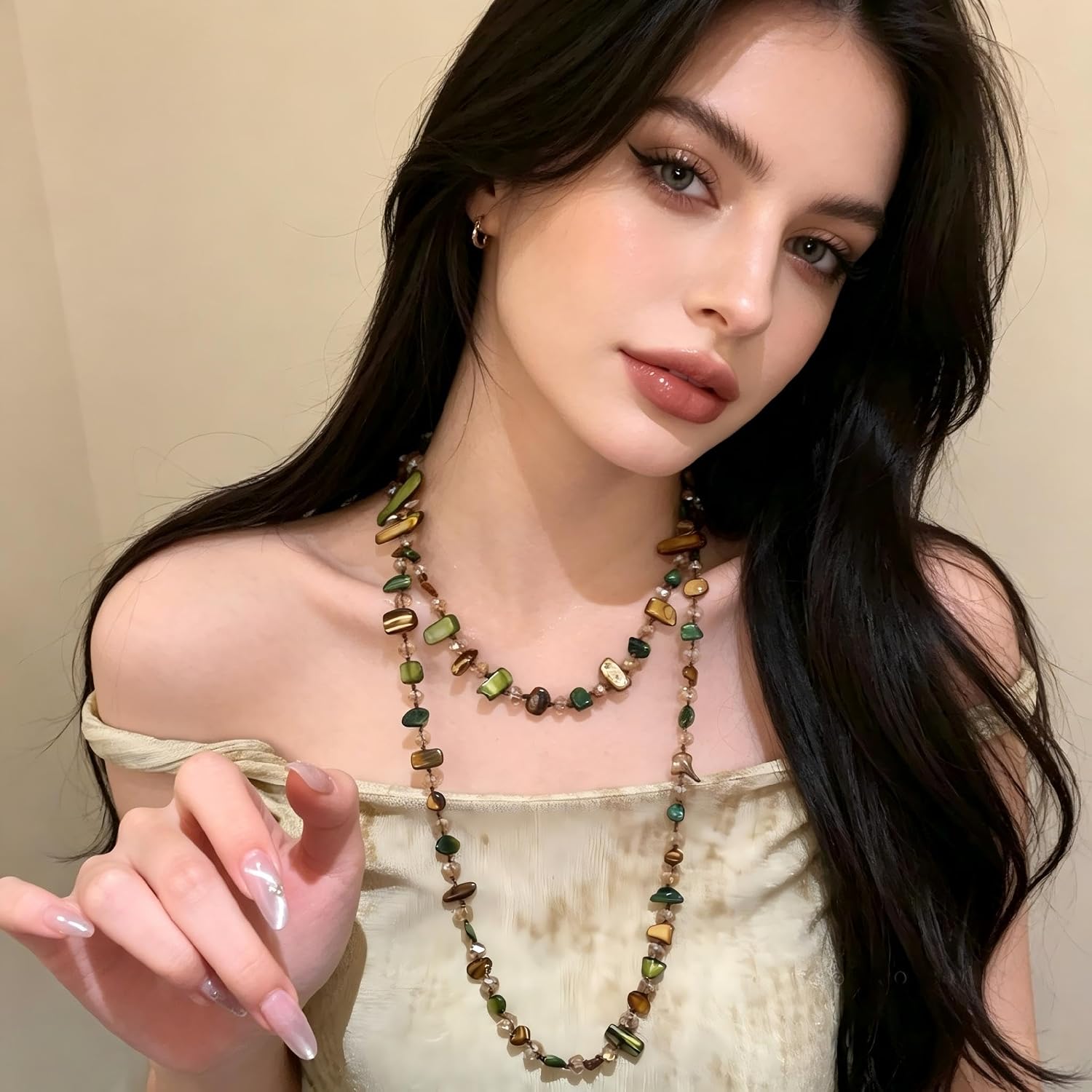 Ailiessy Colorful Irregular Beaded Long Necklace for Women Boho Handmade Shell Beaded Necklace Bohemian Vintage Chunky Costume Jewelry