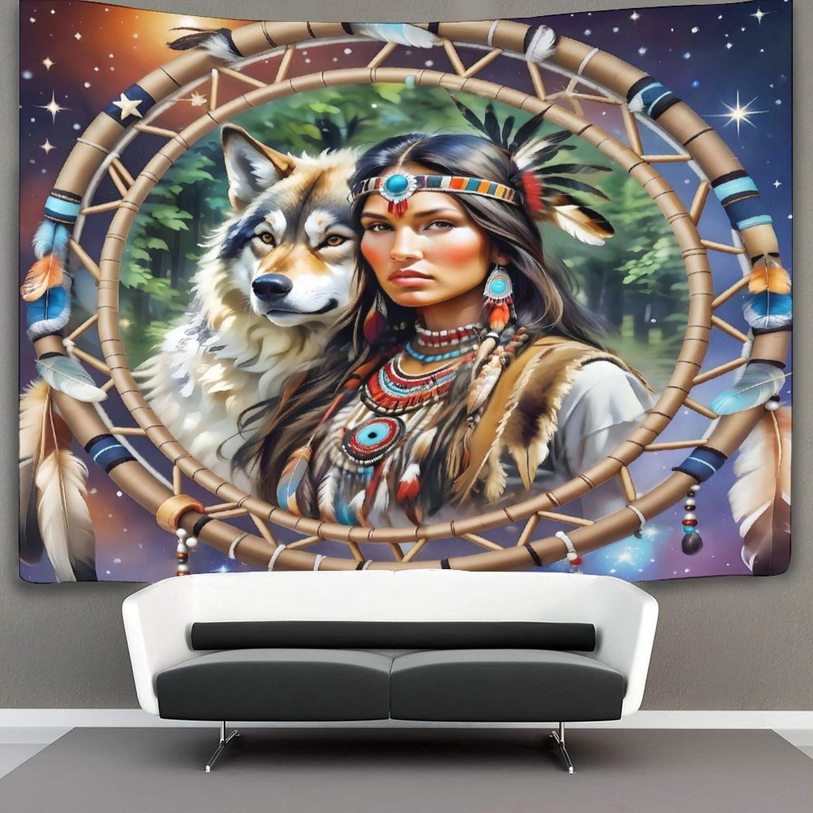kaiyun Native American Tapestry,Wolf Dreamcatcher Art Wall Hanging Decoration for Living Room Bedroom & Dorm 70cmx100cm