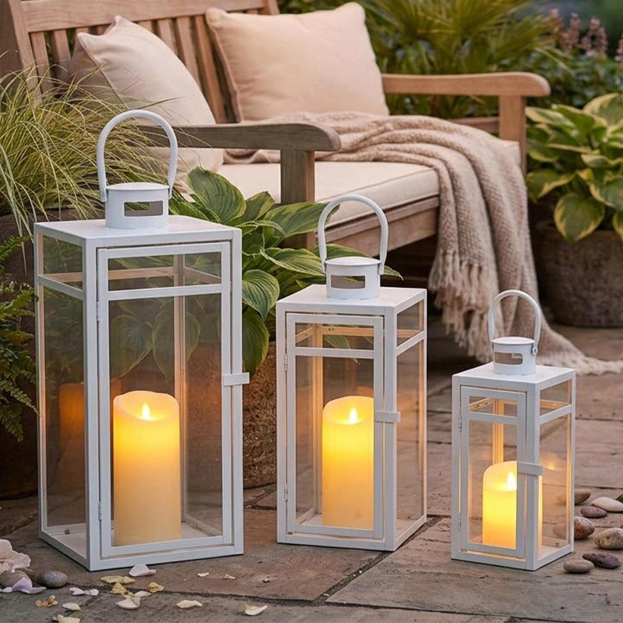 Trirocks White Set Of 3 Metal Candle Lantern 48/38/30 Cm H Metal Hanging Lantern With Tempered Glass For Garden Home Decor Parties Weddings Christmas Parties &Events Tabletop Indoors Outdoors (White)