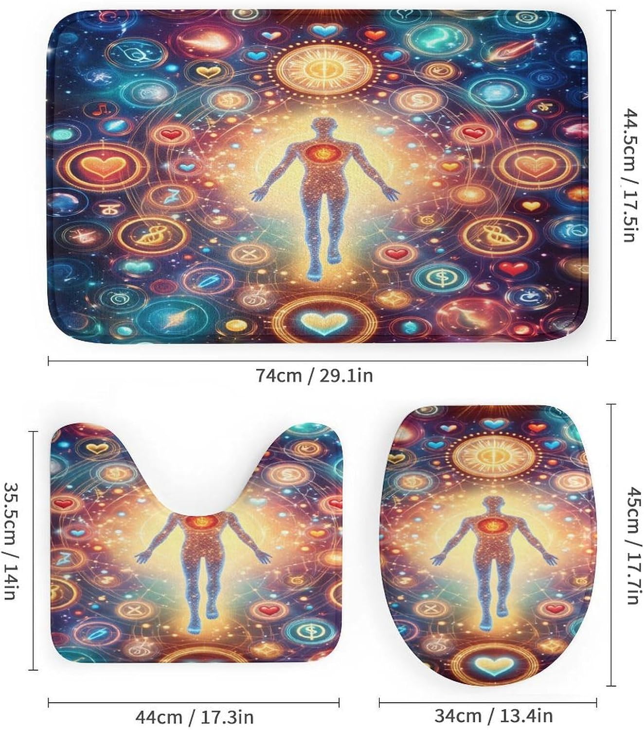 Energy Chakra Healing Aura Spirit 4 PCS Bathroom Set with Shower Curtain Rugs, Ultra Soft Coral Fleece Bath Mat, U-Shaped Rug, Toilet Lid Cover, 72" X 72"