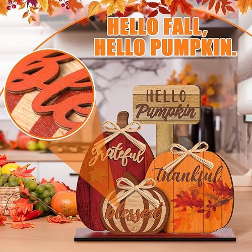 Miniatura 5 de Leinuosen Decoración de otoño con texto en inglés Blessed Grateful Thankful, decoración de Acción de Gracias, centros de mesa de calabaza de granja,