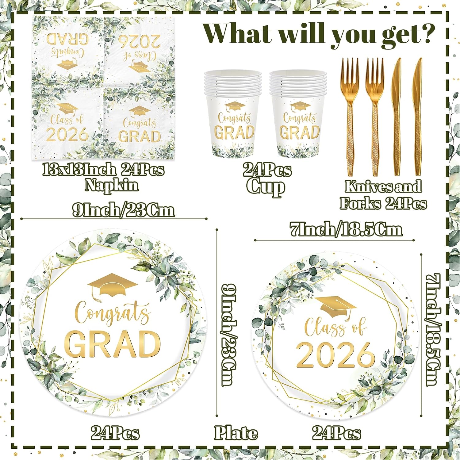 144Pcs Greenery Graduation Decorations - Congrats Grad Class of 2026 Plates and Napkins Set , Gold Sage Green Graduation Tableware