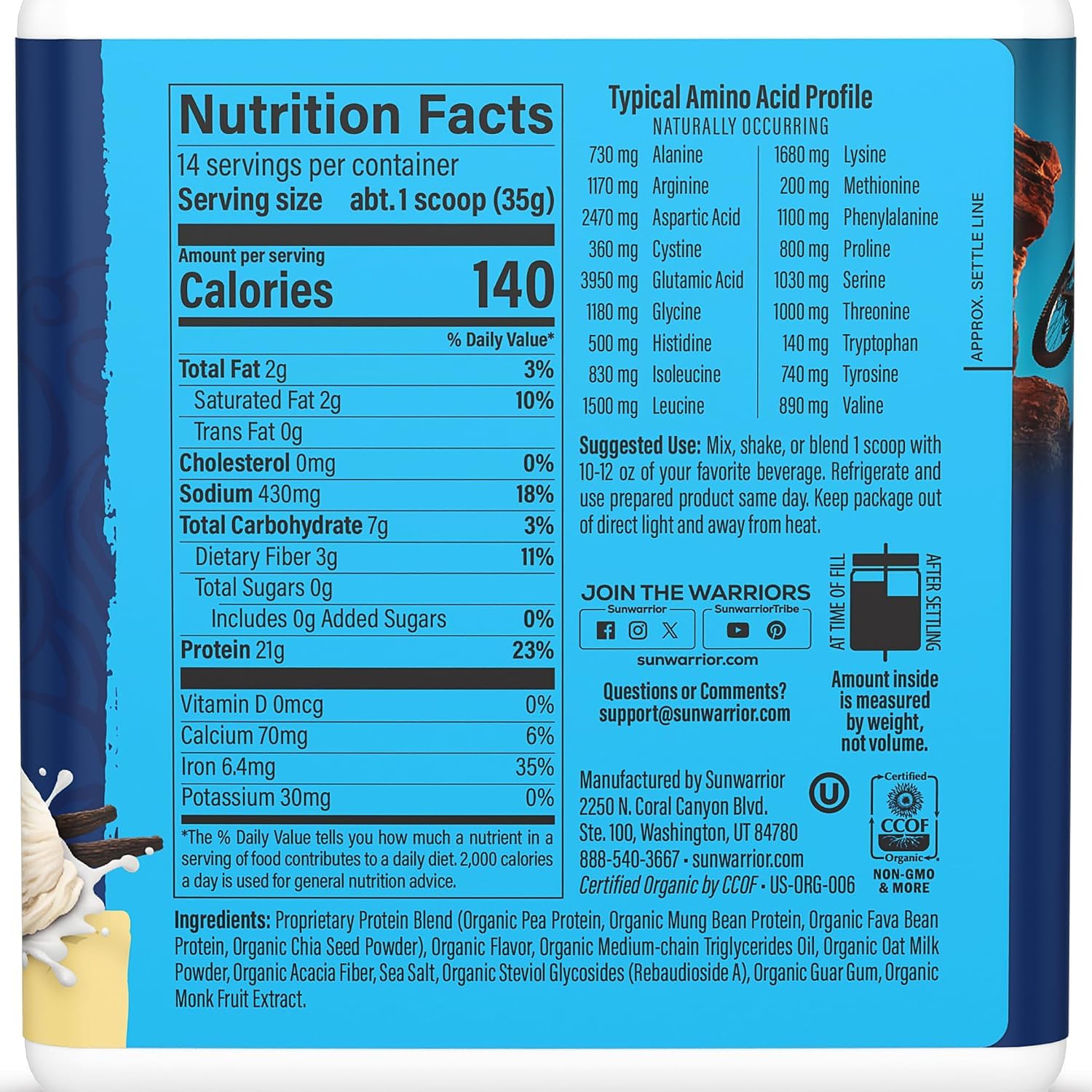Sunwarrior Organic Vanilla Warrior Blend Performance Protein, 17.44 OZ — Amazon image 2