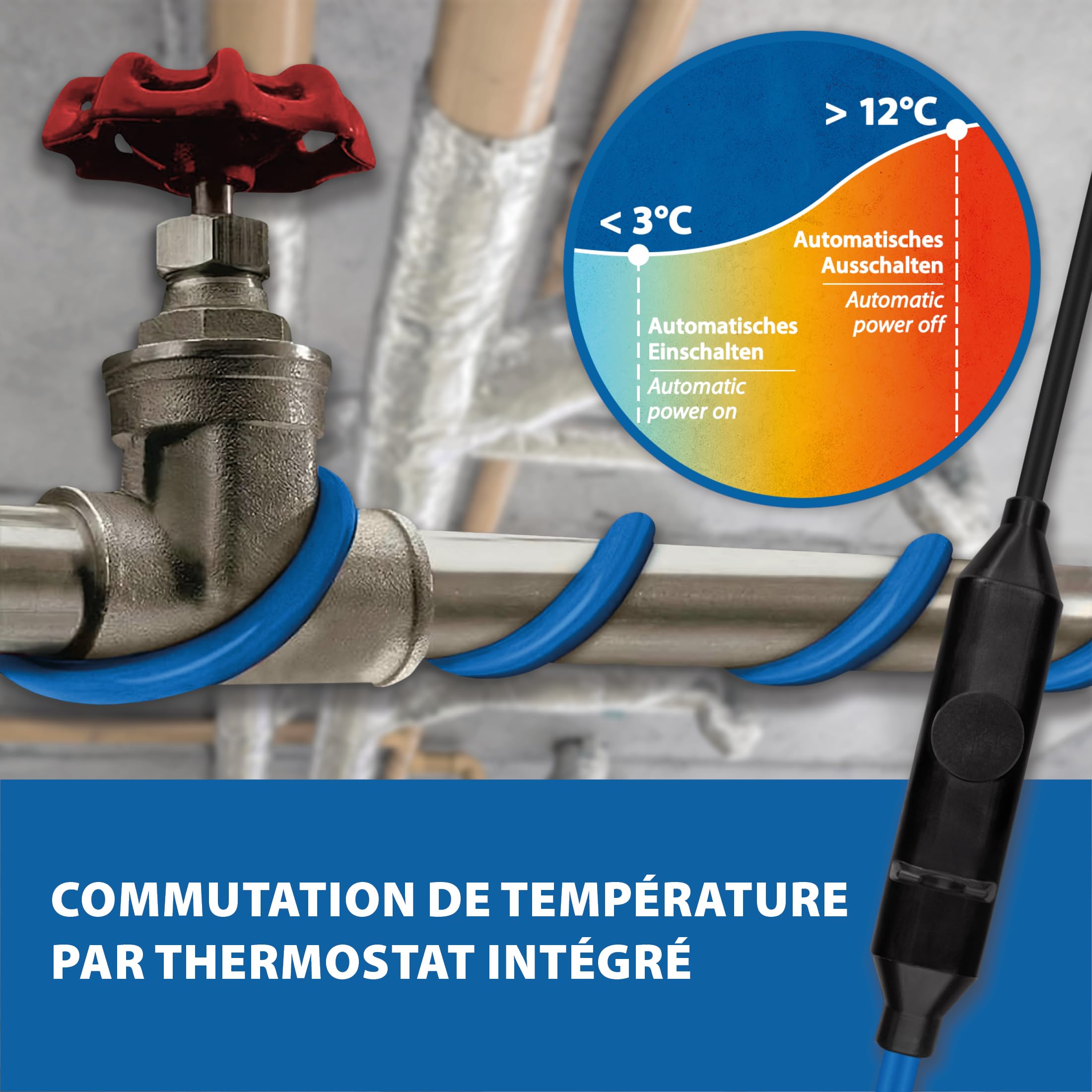 Câble antigel électrique 15 W/m – Chauffage d'accompagnement Chauffage de dégivrage, Chauffage de tuyau, Chauffage des plantes, Bande chauffante – 12 m avec disjoncteur différentiel
