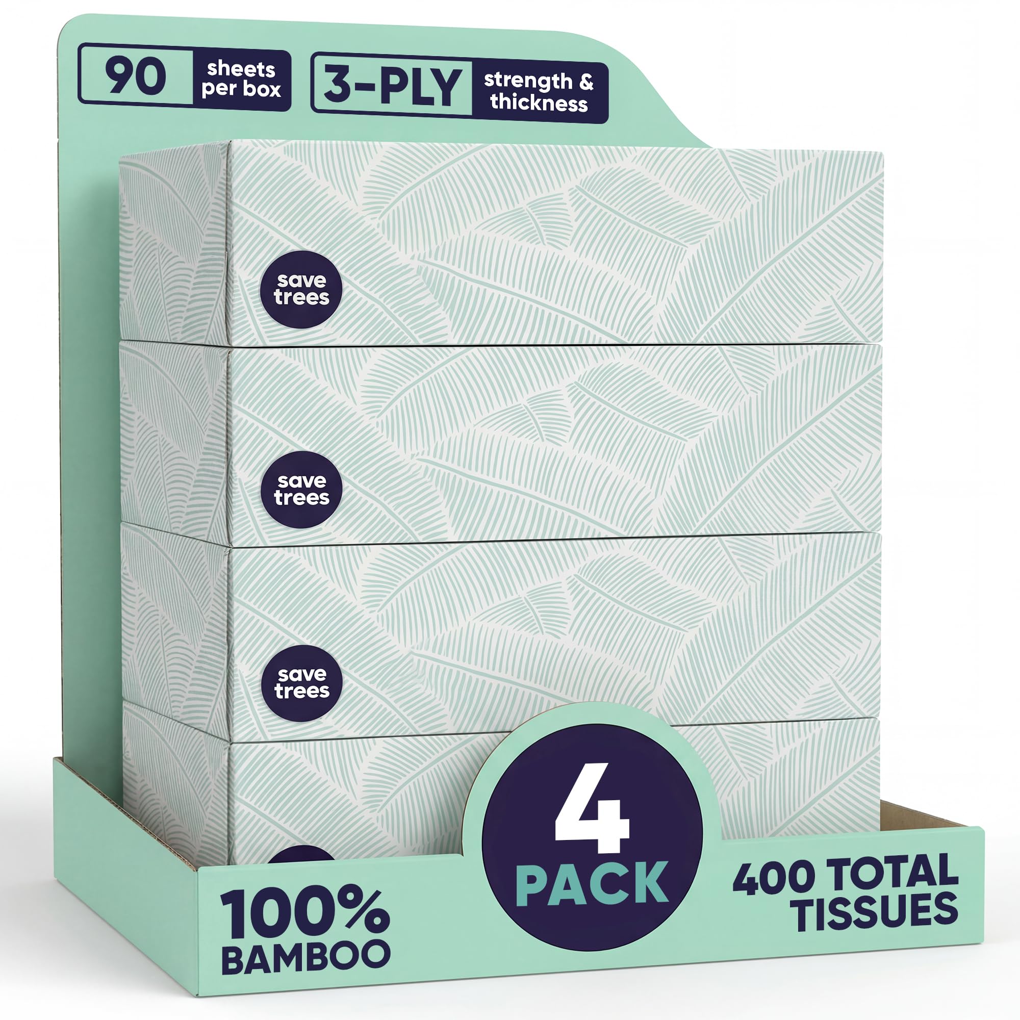Save Trees Bamboo Facial Tissues - 4 Boxes of Eco-Friendly 3-Ply Hypoallergenic Tissues 90 Sheets per Box FSC