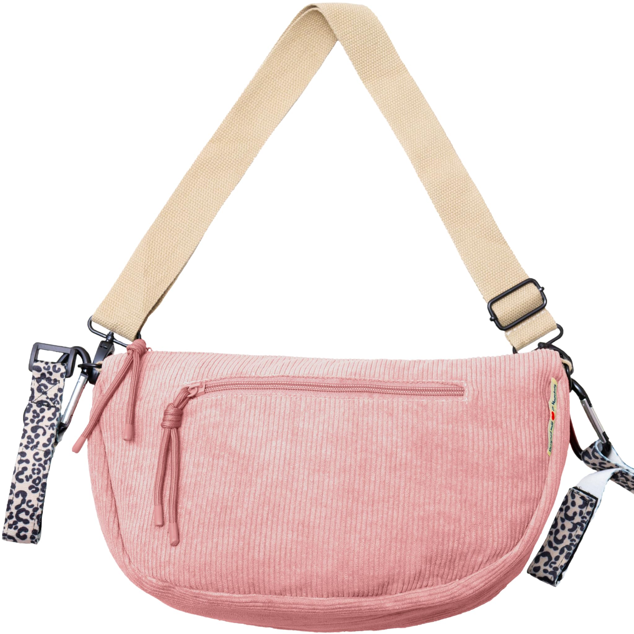 Jubi Moon Bag Sac à langer en velours côtelé rose – Organiseur de poussette avec fixation pour poussette, sac bandoulière pour femme, petit sac à langer avec compartiments et porte-bouteilles, sac à