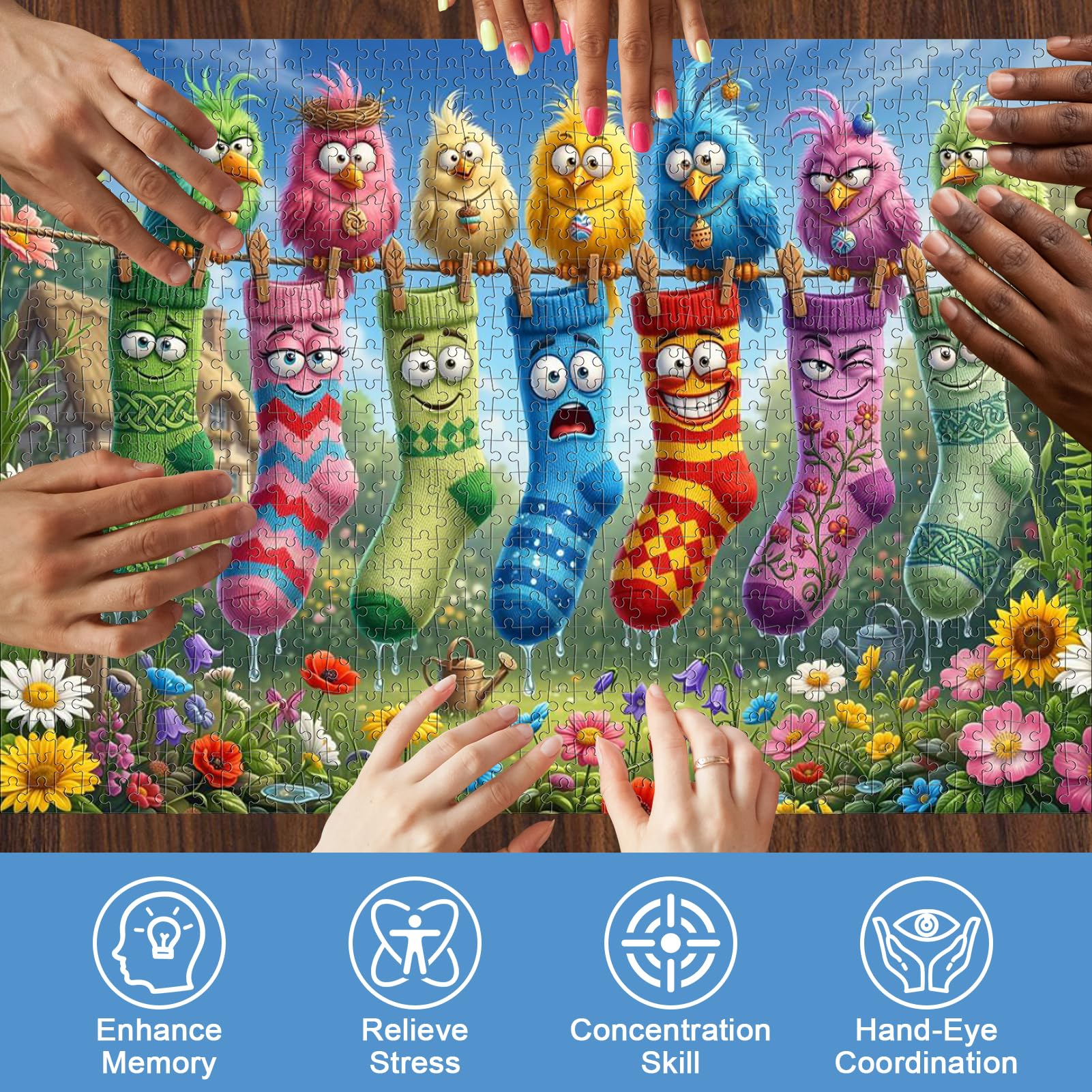 Puzzle per adulti 1000 pezzi, divertenti uccelli calzini stendibiancheria | Simpatico puzzle da giardino, con uccellini, con poster, borsa portaoggetti, decorazione da parete, regalo divertente