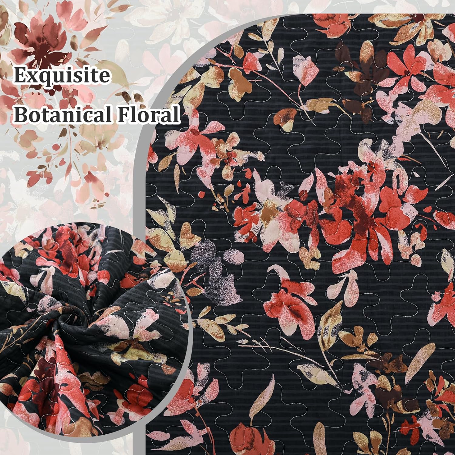 Dobuyly Floral Quilt Set Queen Size, Pink and Black Bedspreads Coverlet Set, 3 Pieces Soft Lightweight Microfiber Botanical Flowers Quilt Bedding Set for All Seasons 96"x90" - Image 4