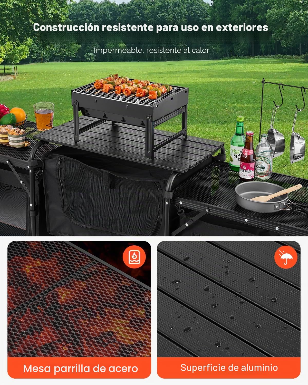 VEVOR Mesa de Cocina Portátil para Acampar, de Aluminio, con 3 Armarios de Almacenamiento, Bolsa de Transporte, Parabrisas Desmontable, Configuración Rápida para Barbacoa, Fiesta, Pícnic, Negro