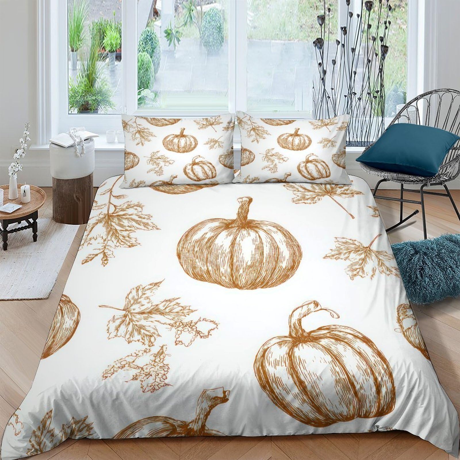 GPLZQXKJNH 3D Printed Pumpkin Autumn Leaves Duvet Cover Microfiber Soft Breathable Bedding Set with 2 Pillowcases for Bedroom Decor, Single（135x200cm）