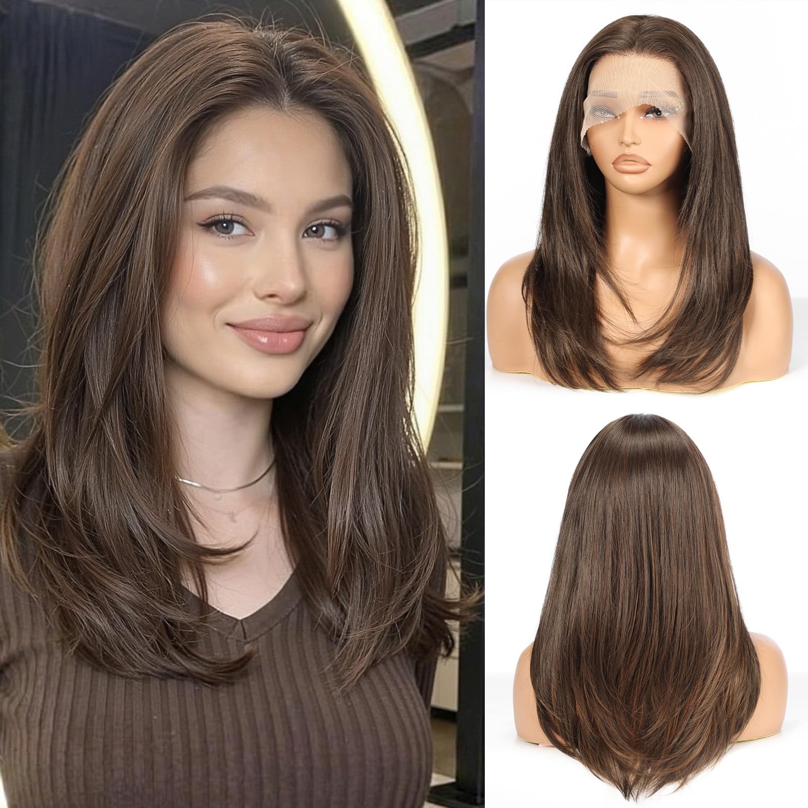 Allbell Brown Synthetic Lace Front Wigs for Women, 13 * 4 Long Layered Hair Wig With Natural Glueless Hairline 20 Inch for Daily