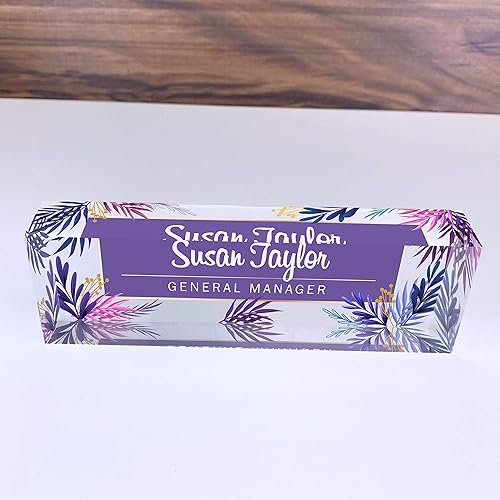 Miniatura 4 de Artblox - Placa de nombre personalizada para escritorio de oficina, diseño de hojas moradas sobre cristal acrílico transparente, decoración de