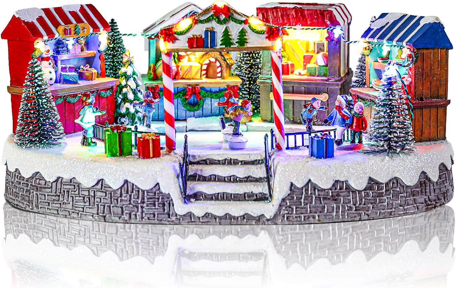 MUMTOP Christmas Village House with Flying Reindeer, Light Up Animated Town Building with Santa Sleigh for Indoor Holiday Xmas Tabletop Decor