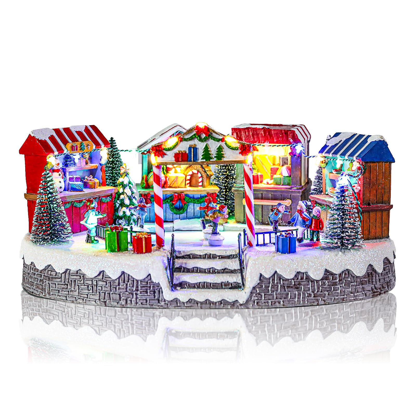 MUMTOP Patinoire de village de Noël avec patineurs mobiles, patinage sur glace animé lumineux et magasin de jouets avec musique pour décoration de table de Noël en intérieur
