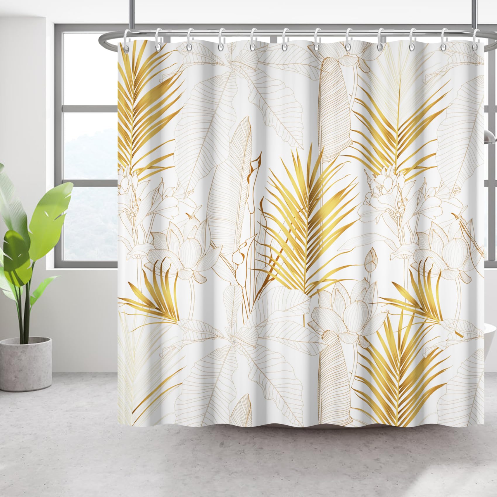 Bovlleetd 180x180cm Cortina de Ducha de Plantas de Oro Cortina de Baño de Hojas de Palmera de Loto Cortinas de Ducha Simples de Hojas de Plátano Cortina de Bañera Impermeable Cortina de Baño