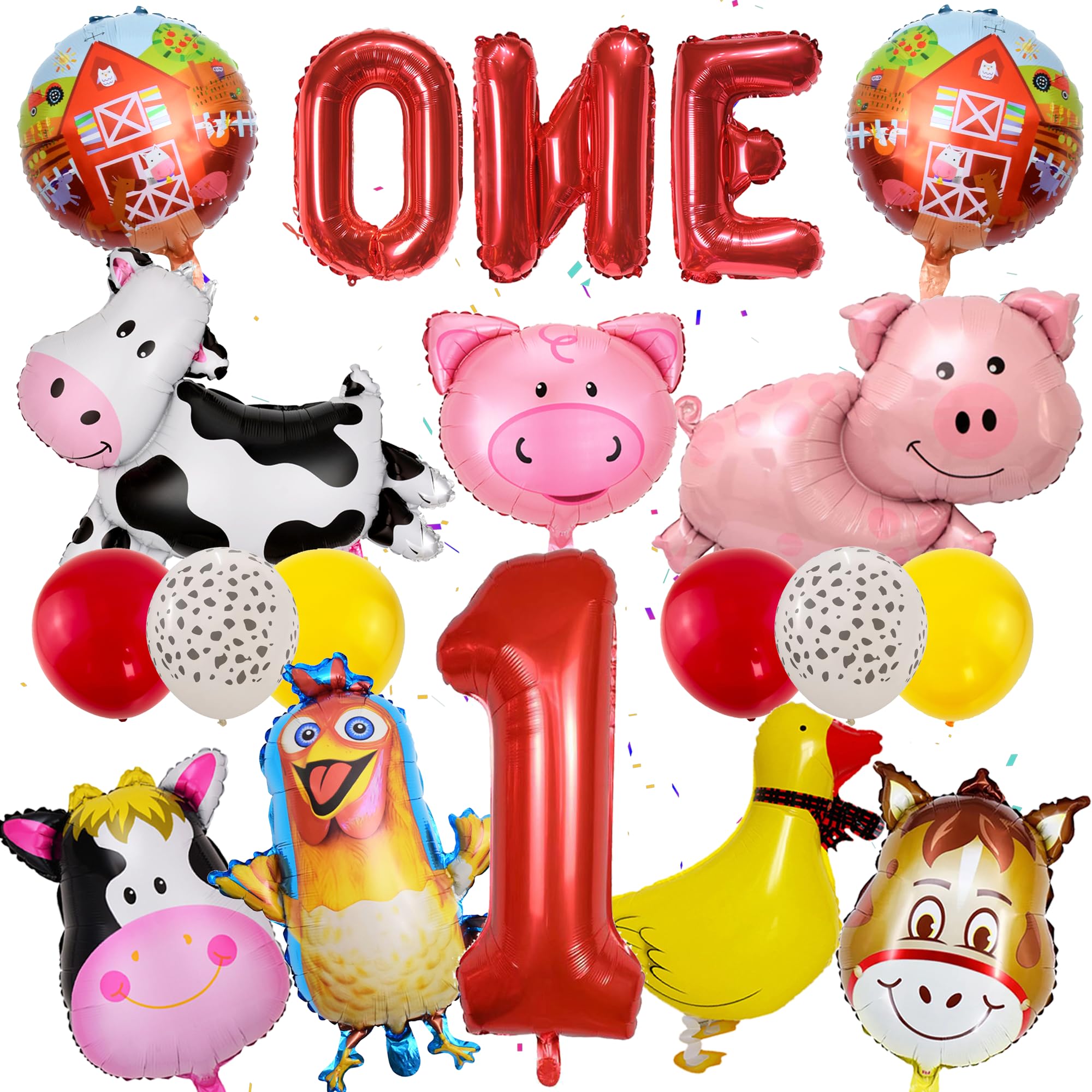 Farm Birthday Party Supplies 1 Year Old Farm Balloons Set Includes Round Farm Animal Letter Number 1 Foil Latex Balloons, Suitable for Farm Birthday