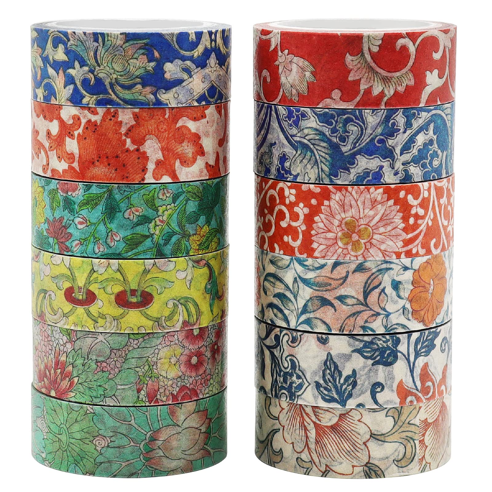 Berkin Arts12 Rolls Art Floral Designs Washi Tape Set - 15 mm Wide Decorative Adhesive Masking Tape Cloisonnism for Bullet Journal Colorful Damask Pattern Intricate Colorful Owen Jones Series