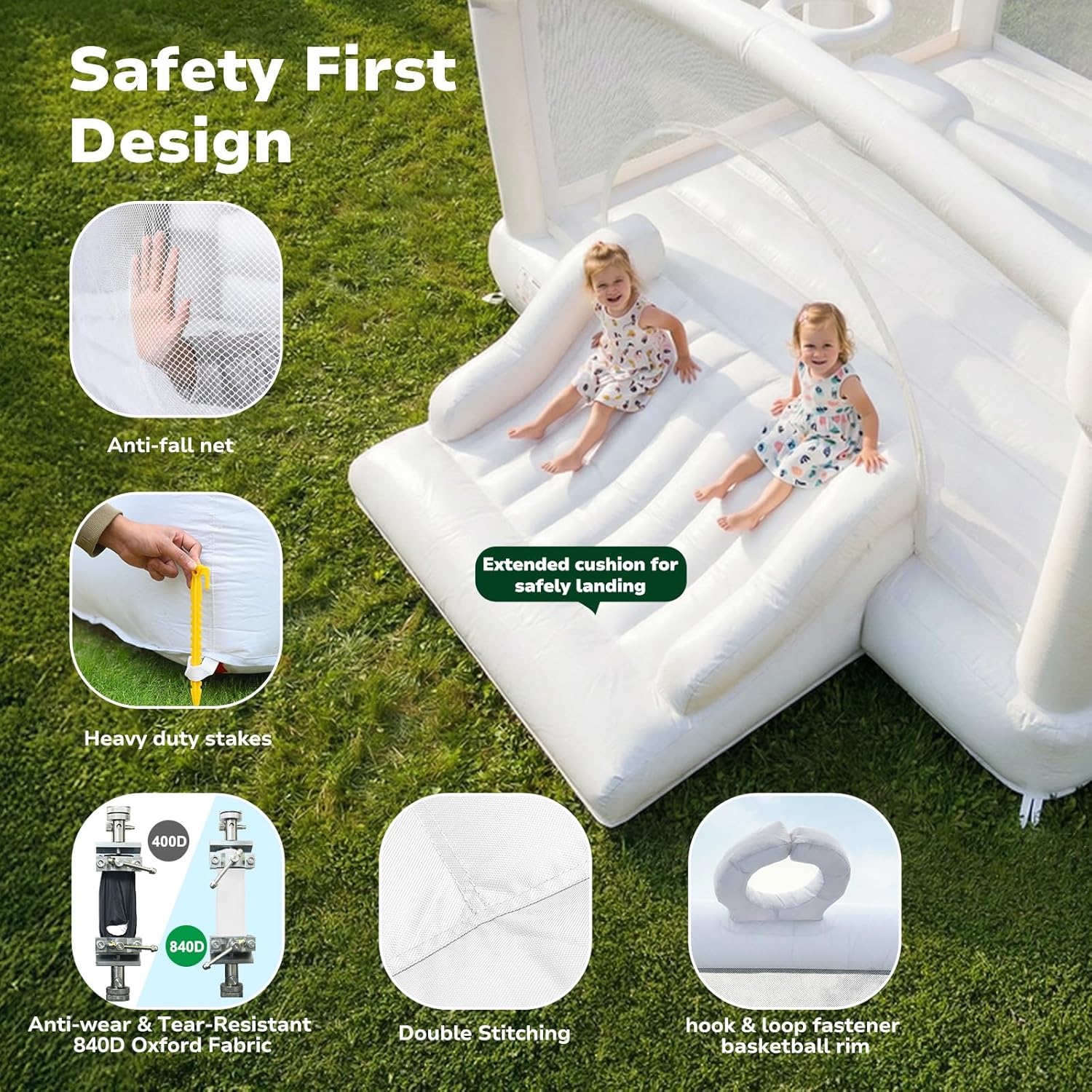 Hapfan White Inflatable Bounce House for Big Kids, 15' x 12' Large Outdoor Bouncy Castle with Blower, Wider Slide & Basketball Hoop, Holds 6 Kids Great for Birthday or Party, 600 lbs