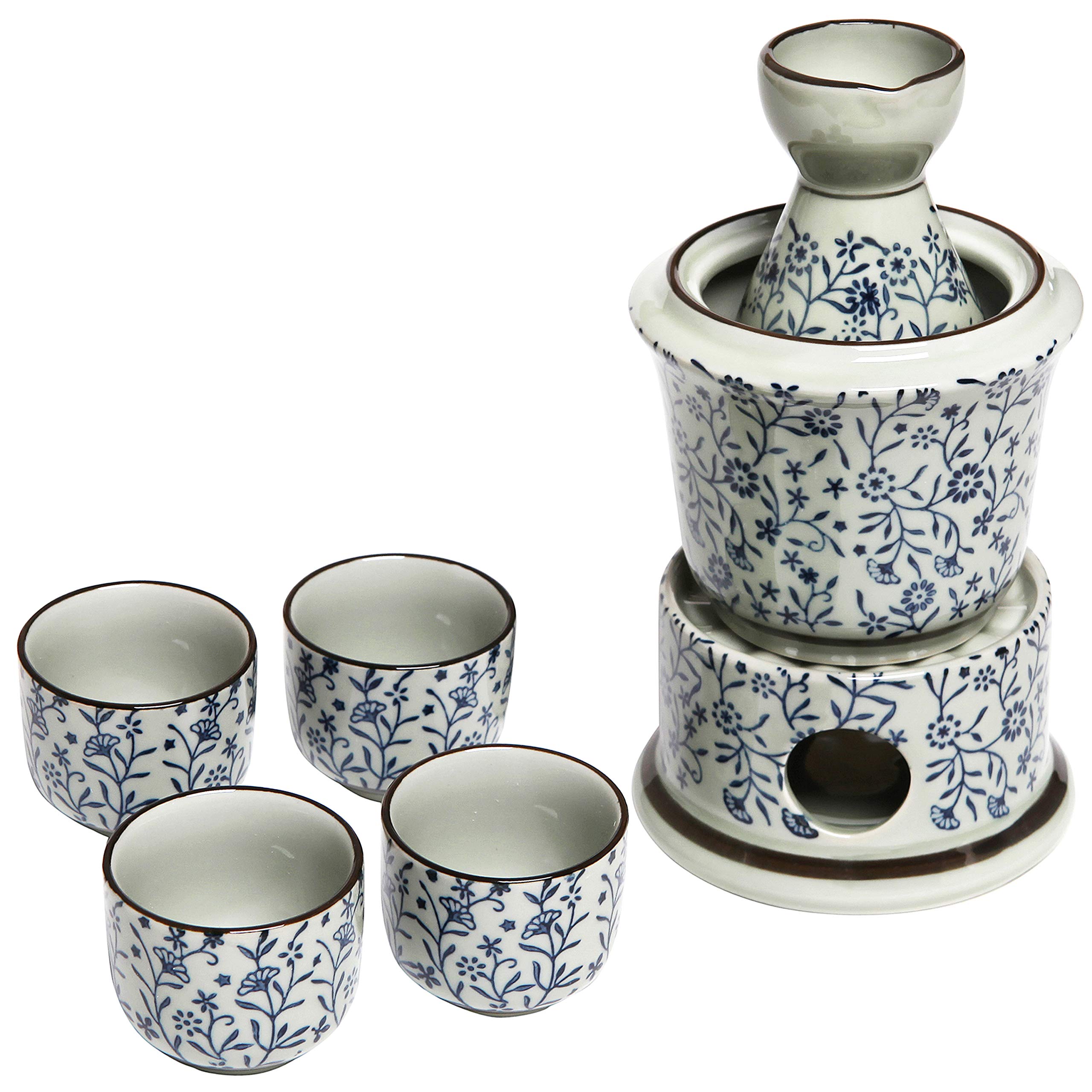 Buy Exquisite Ceramic Blue Flowers Japanese Sake Set w/ 4 Glass/Cups, Serving Carafe & Warmer