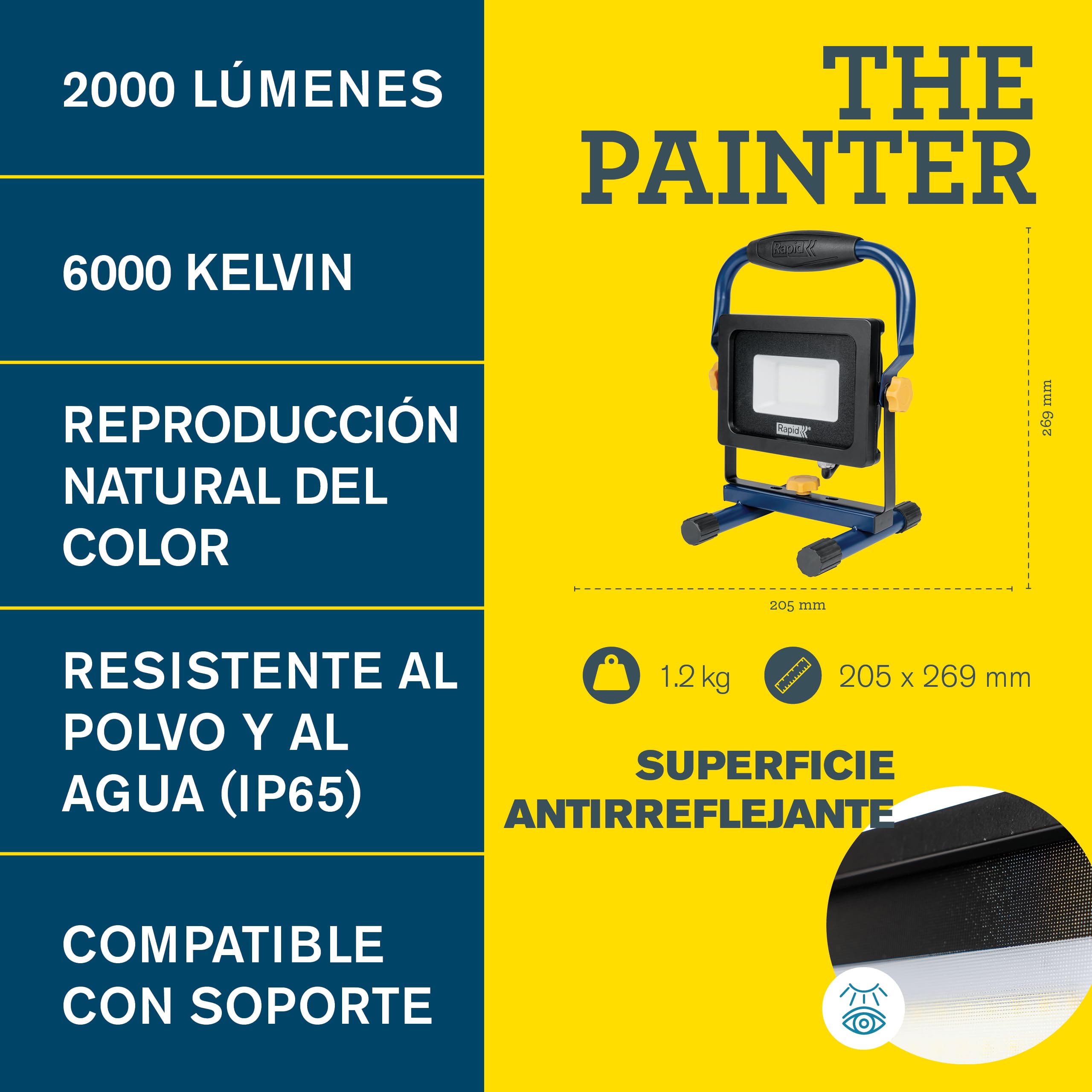 Rapid Luz de trabajo LED The Painter, Potente luz de 2000 lúmenes con ángulo de iluminación ajustable para pintar y empapelar, antideslumbrante, IP65, y temperatura de color de 6000K, cable de 2,5m