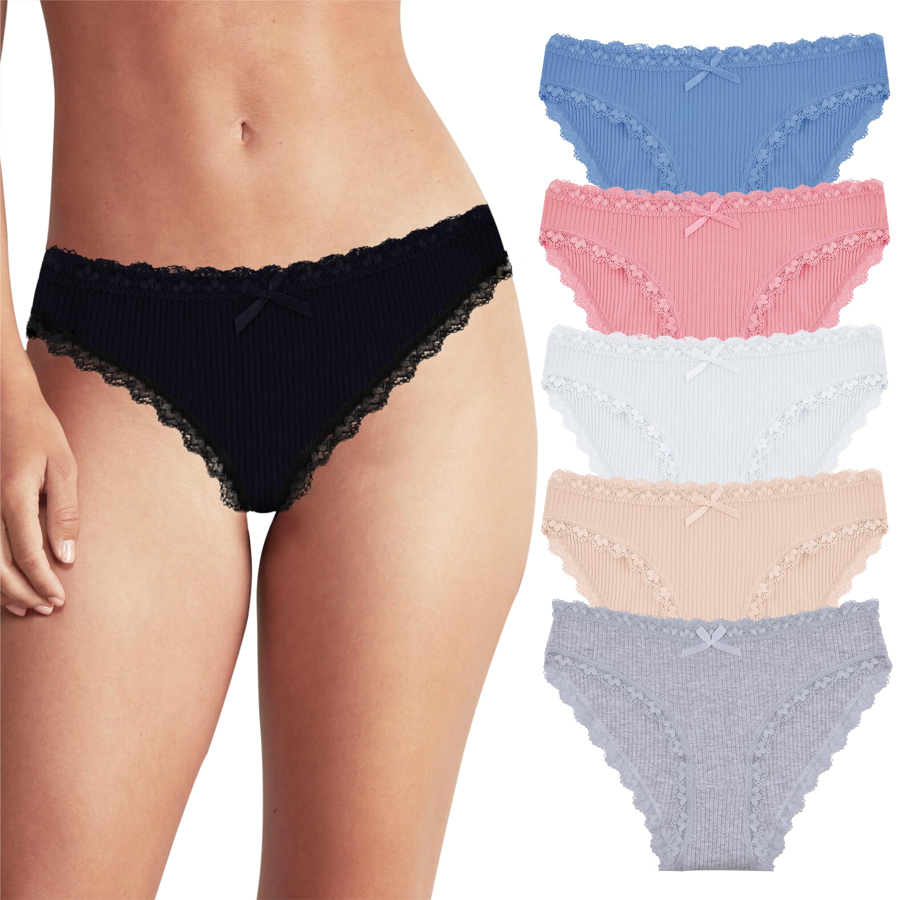 POWER FLOWER6-Pack Ladies Cotton Knickers – Lace Briefs, Comfortable Bikini Panties, Breathable and Stylish Everyday Underwear