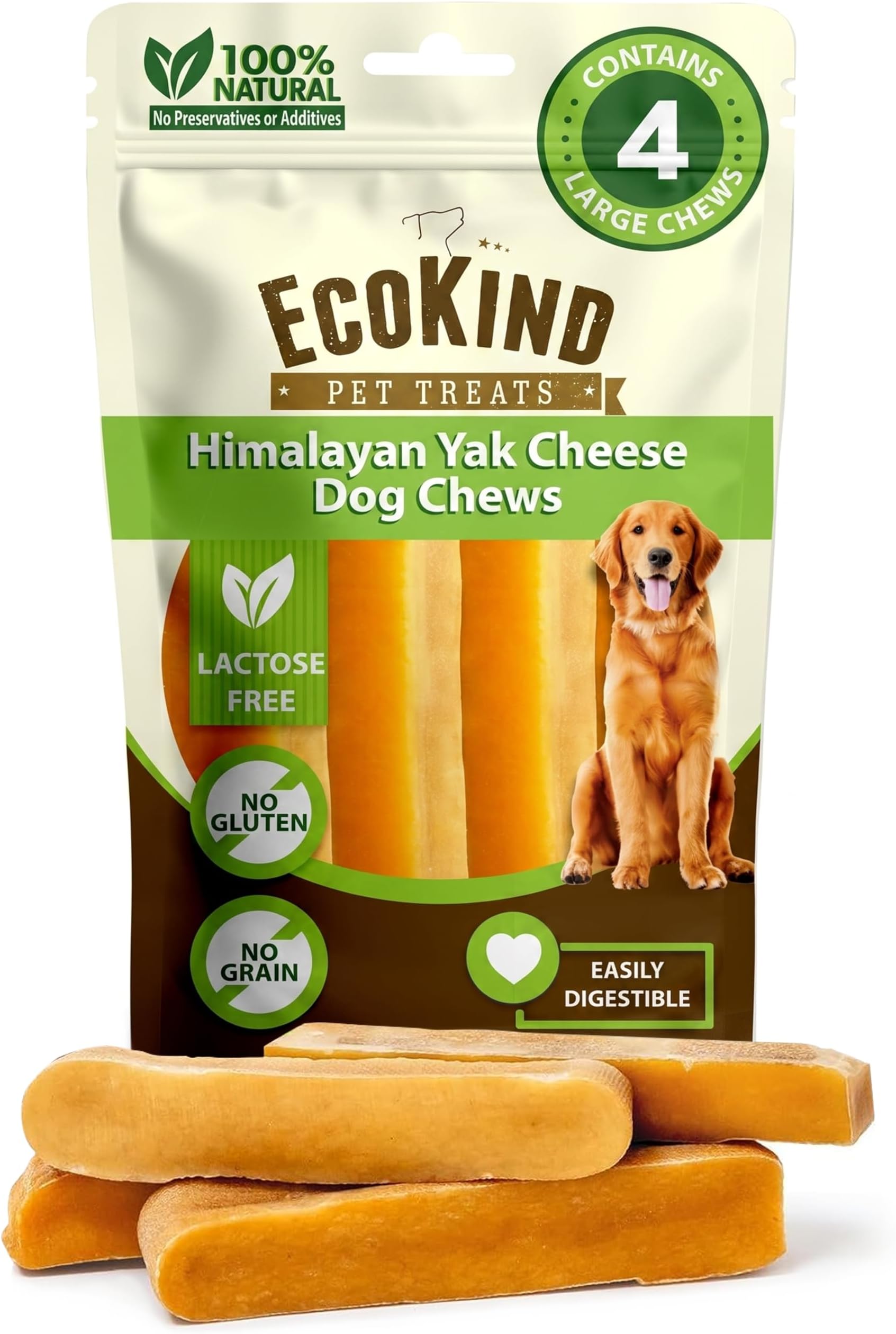 EcoKind Yak Cheese Himalayan Dog Chews, Yak Chews for Large Dogs, 4-5 Bones