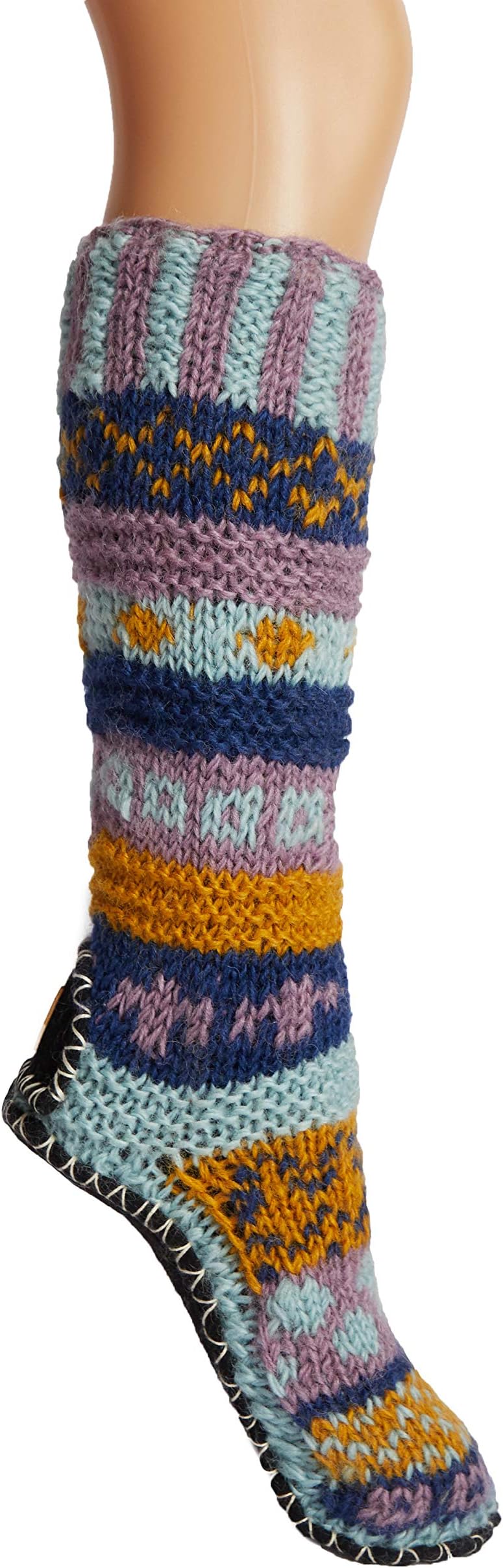 Hand Knit Wool Fleece Lined Long Slipper Socks with Non Slip Soles
