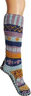 Tibetan Socks Hand Knit Wool Fleece Lined Long Slipper Socks with Non Slip Soles
