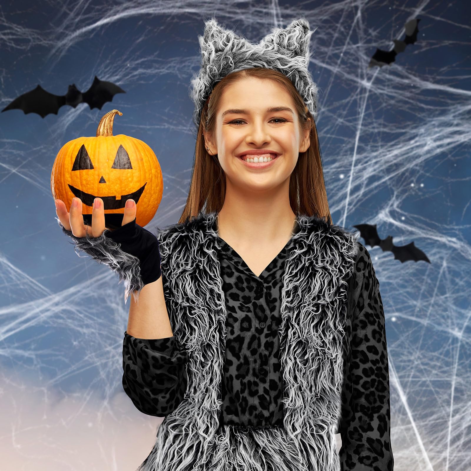 Newcotte 7 Pcs Halloween Werewolf Accessories Wolf Costume Wolf Ear and Tail Costume for Cosplay Party Costumes Supplies (Adult Size)