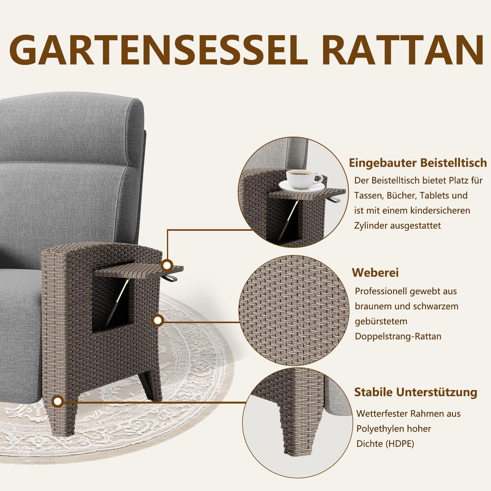 Sedia da Giardino in Rattan, Sedia Sdraio Imbottita da Casa, Portata 200 Kg, Schienale Regolabile a 160°, Tavolino Laterale Integrato, Adatta Per Giardino, Piscina, Balcone (Grigio Marrone, 1pack)