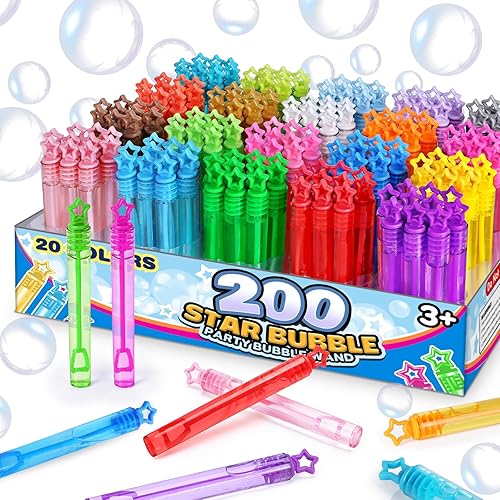 Miniatura 9 de Paquete de 300 burbujas de neón de 20 colores a granel en caja de regalo, mini varita de burbujas de estrella para niños, regalos de cumpleaños