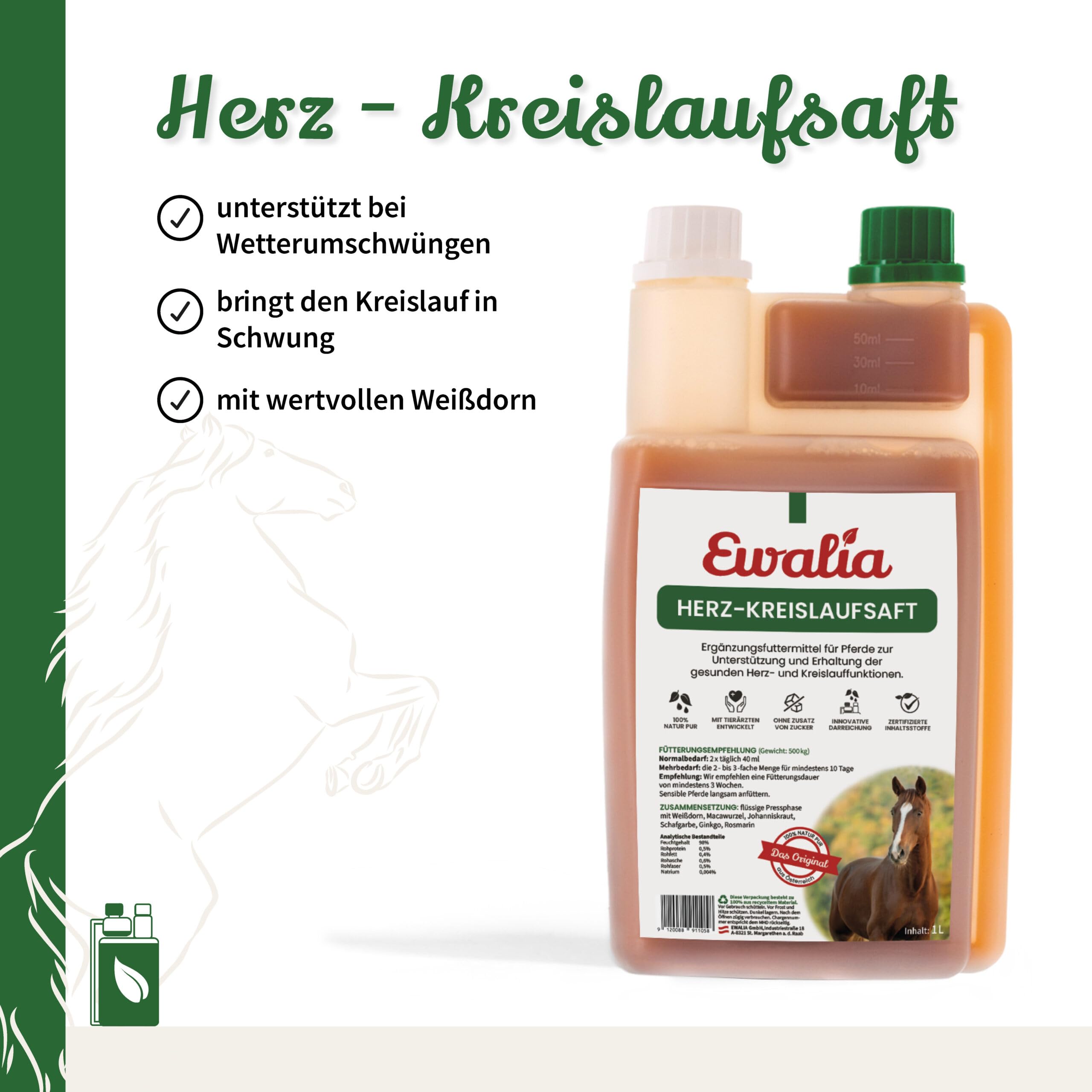 NEU! EWALIA Herz-Kreislaufsaft - Optimales Ergänzungsfuttermittel für Pferde, Förderung der Herzgesundheit, Natürliche Unterstützung des Kreislaufsystems, 100% Kräuterformel, 6x1 Liter