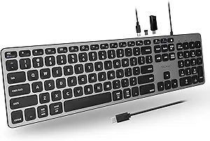 Macally Premium Wired USB C Keyboard with USB Ports (2X USB-A |1x USB-C Ports) - Wired Keyboard for Mac Mini/Pro, iMac, MacBook, iPad, and PC - Full Size Type C Connection
