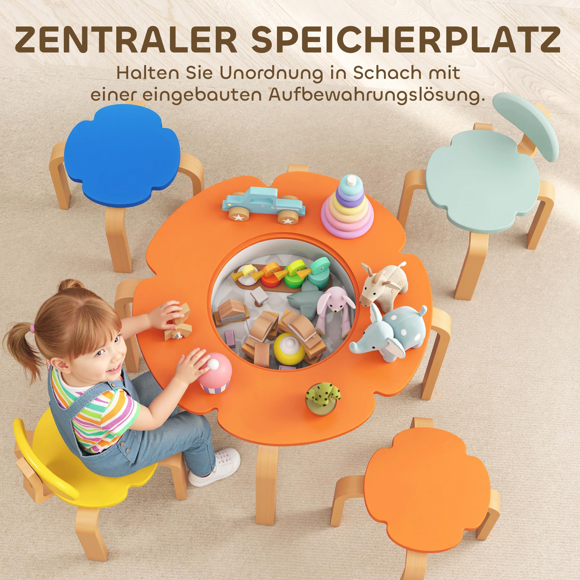 AIYAPLAY Kindersitzgruppe Kindertisch mit Stauraum 5-Teilig Holz Bunt