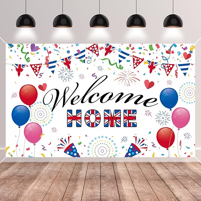GRESATEK Welcome Home Backdrop Banner, Welcome Home Banner Background Photo Booth Decorations for UK Theme Homecoming Family Party Supplies