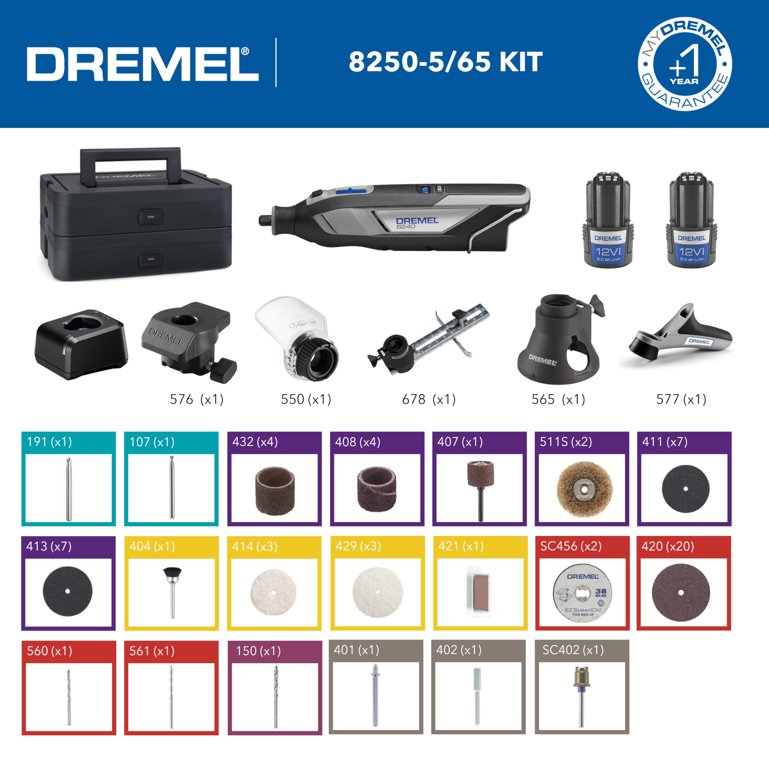 Dremel 8240 Multiherramienta Inalámbrica 12V con Batería de 2Ah, 5 Complementos, 1 Maletín Platinum BOX, 65 Accesorios para Cortar, Grabar, Lijar, Pulir, Afilar y Perforar