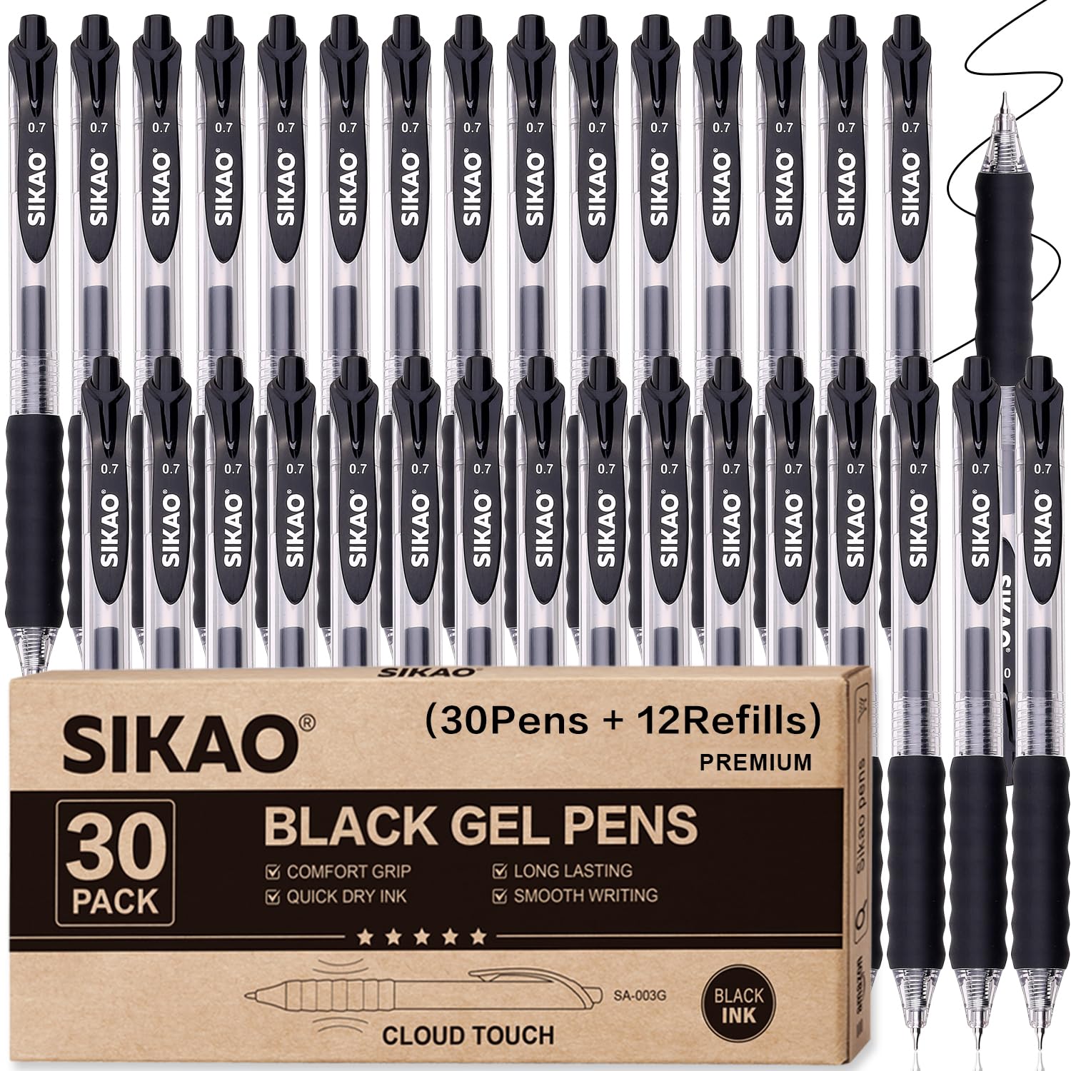 Bolígrafos Gel Negros 30 Unidades, Punta Fina 0.7mm, Bolígrafo Retráctil Sin Manchas, Agarre Ergonómico CLOUD TOUCH, Bolígrafo Gel para Oficina, Escuela, Profesores y Camareros, Pens