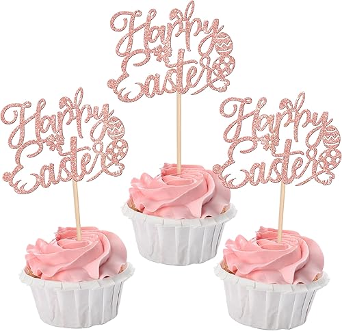 Rsstarxi Paquete de 24 adornos para cupcakes Happy Easte con purpurina con orejas de conejo, decoración de huevos, palillos de comida para temática