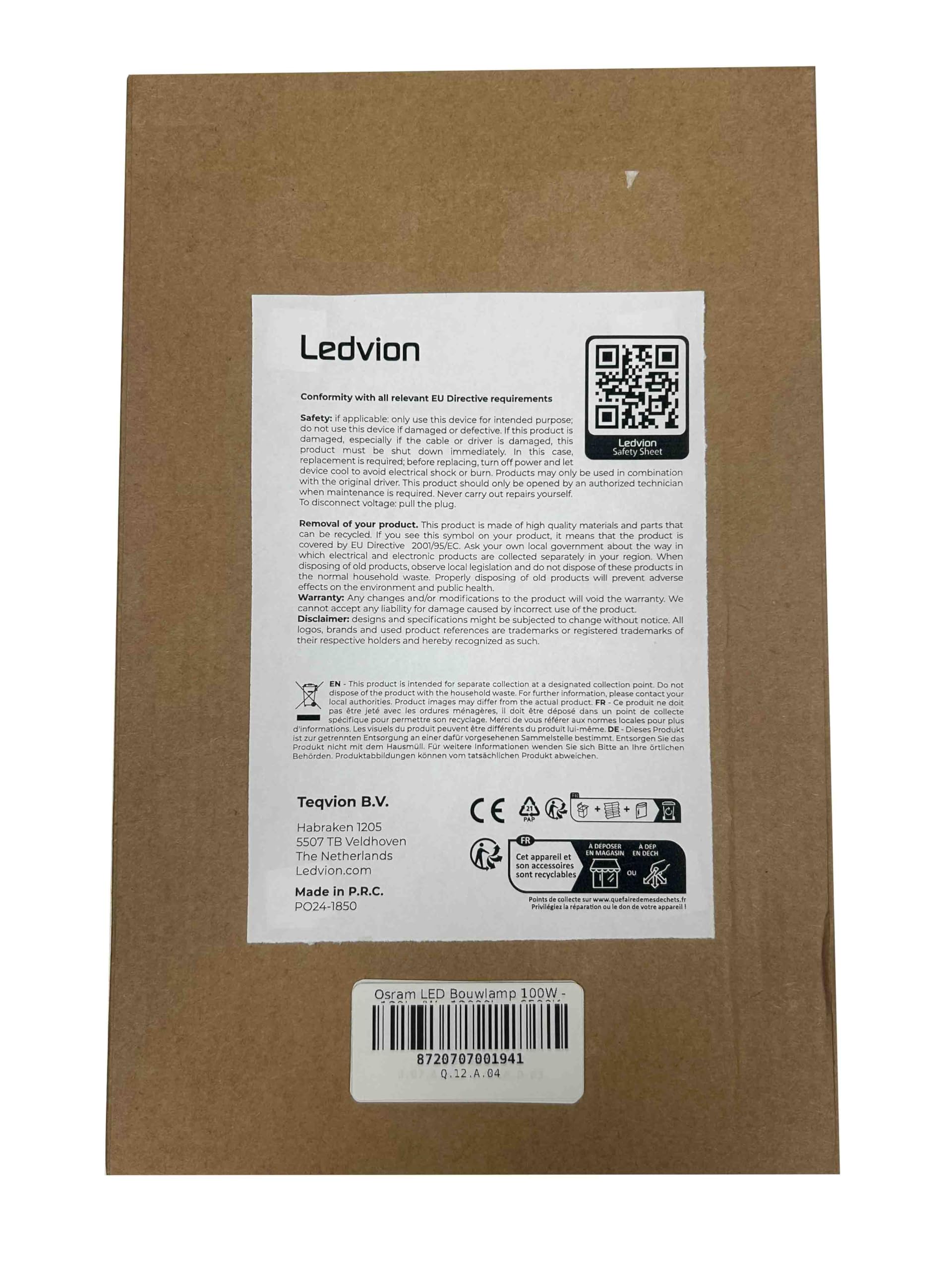 Ledvion Lampa budowlana LED, IP65, 100 W, 120 lm/W, 12000 lumenów, 6500 K, w zestawie kabel przyłączeniowy 1,5 m, lampa zewnętrzna